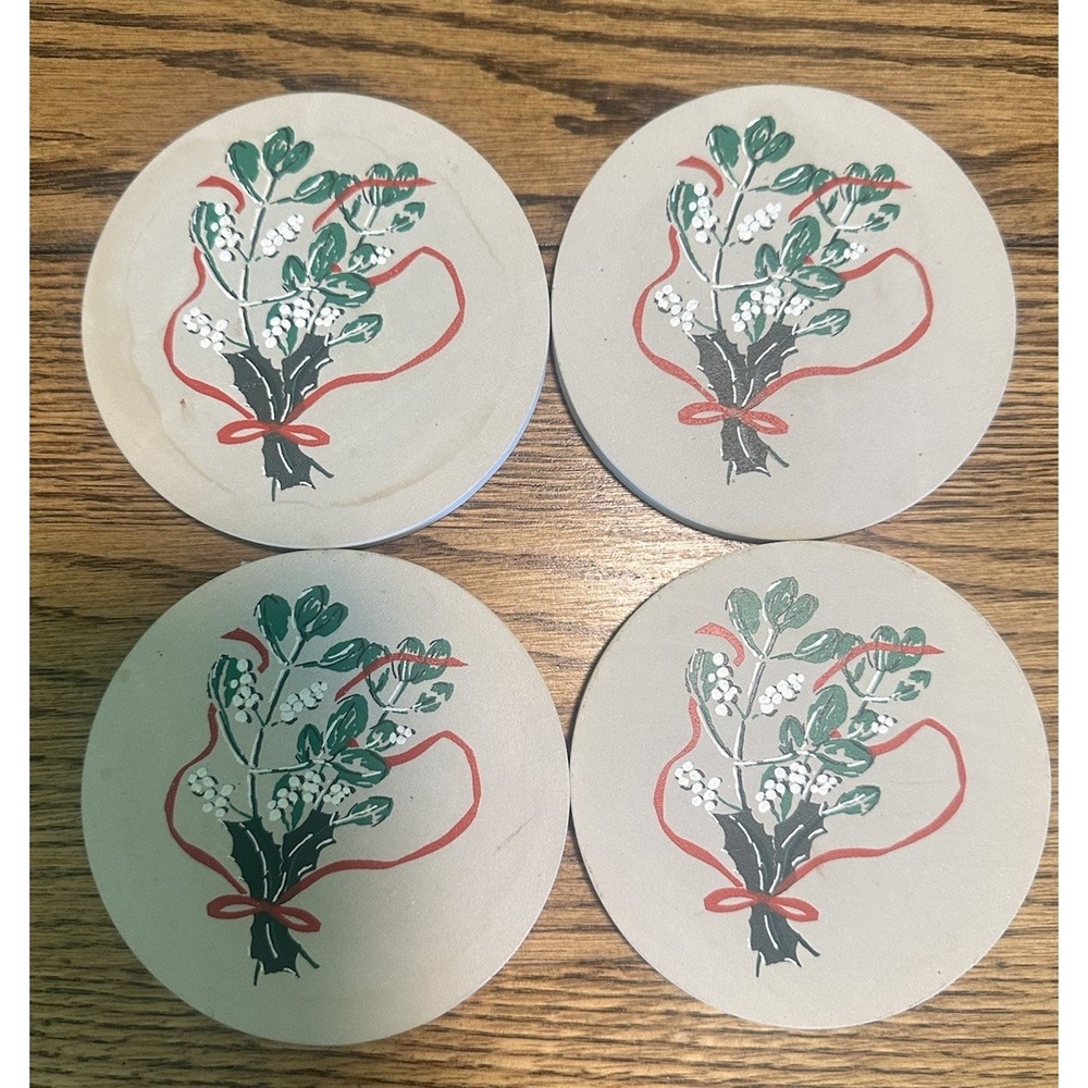 CoasterStone Original Vintage Set Of 4 Cork Backed Coasters Floral Ribbon Boxed